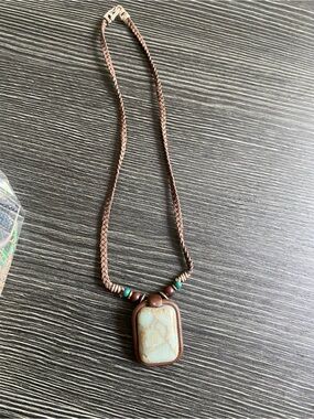 Brown Cord Necklace with Turquoise-Accented Stone Pendant